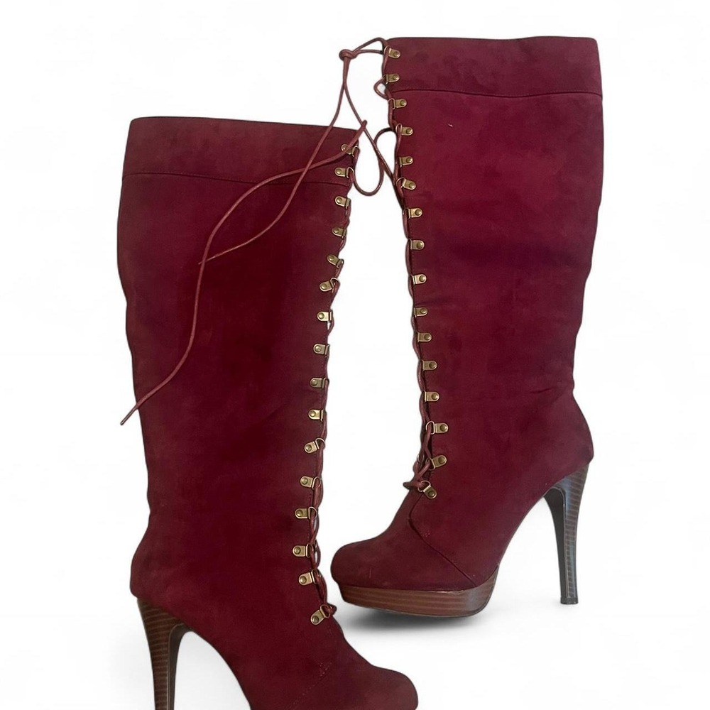 Y2K Burgundy Lace-Up Knee High Heeled Boots Burgundy suede knee-high boots